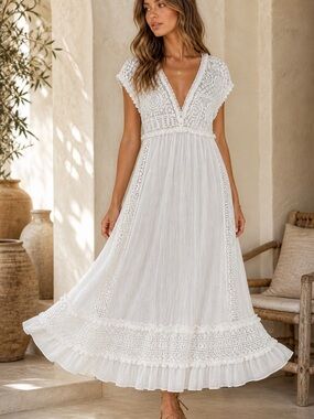 Scandal Italy coastal boho lace maxi dress white crochet resort midi small